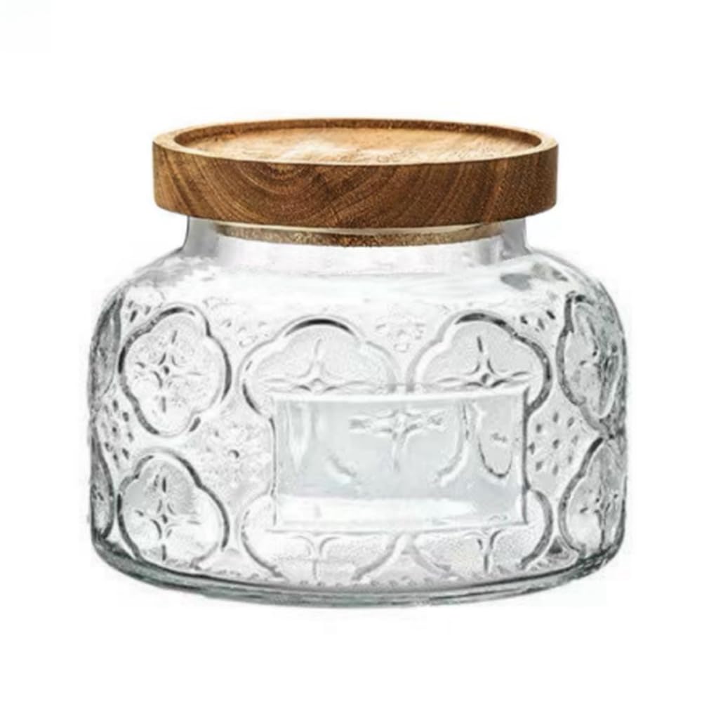 Vintage Glass Jar with Solid Wood Lid, 25.4 fl oz – Begonia Pattern Food Storage Jar