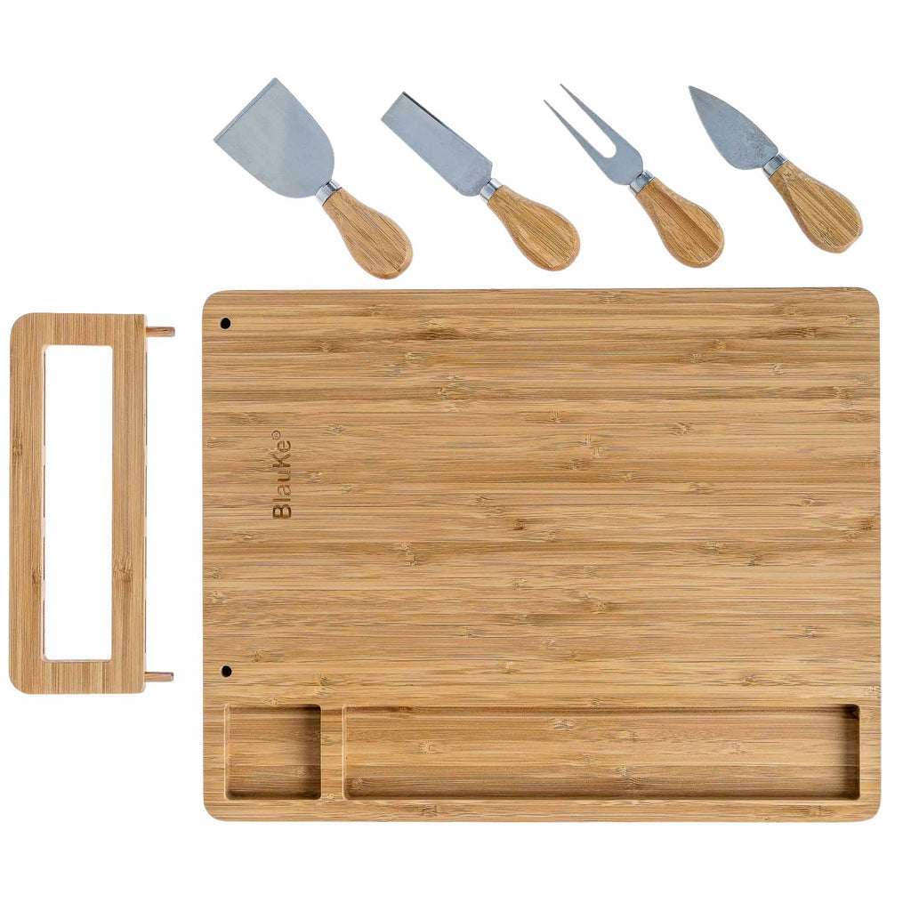 Bamboo Cheese Board and Knife Set, 14x11 Inch, with 4 Cheese Knives