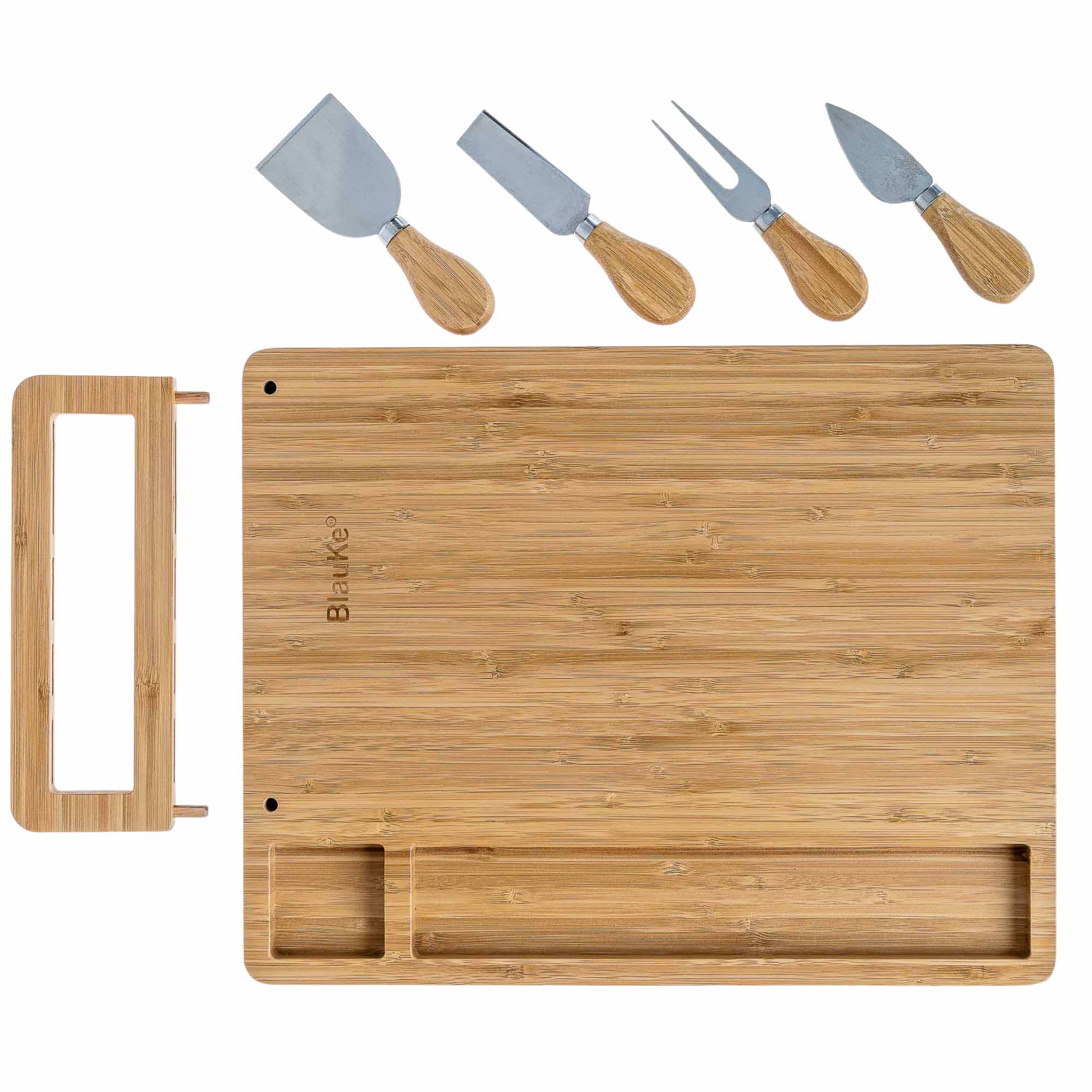 Bamboo Cheese Board and Knife Set, 14x11 Inch, with 4 Cheese Knives