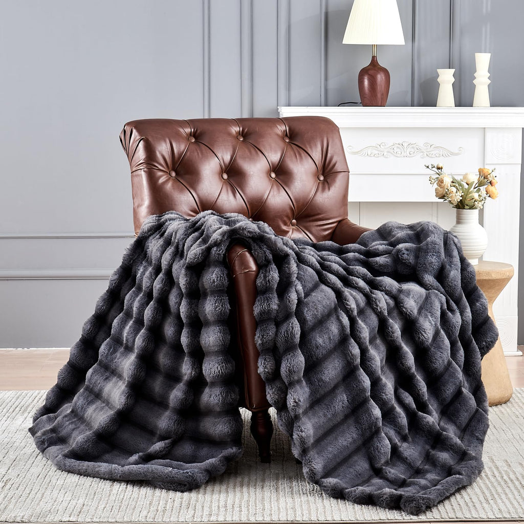 Reversible Faux Fur Blanket — Gray, Twin, 60 × 80 Inch