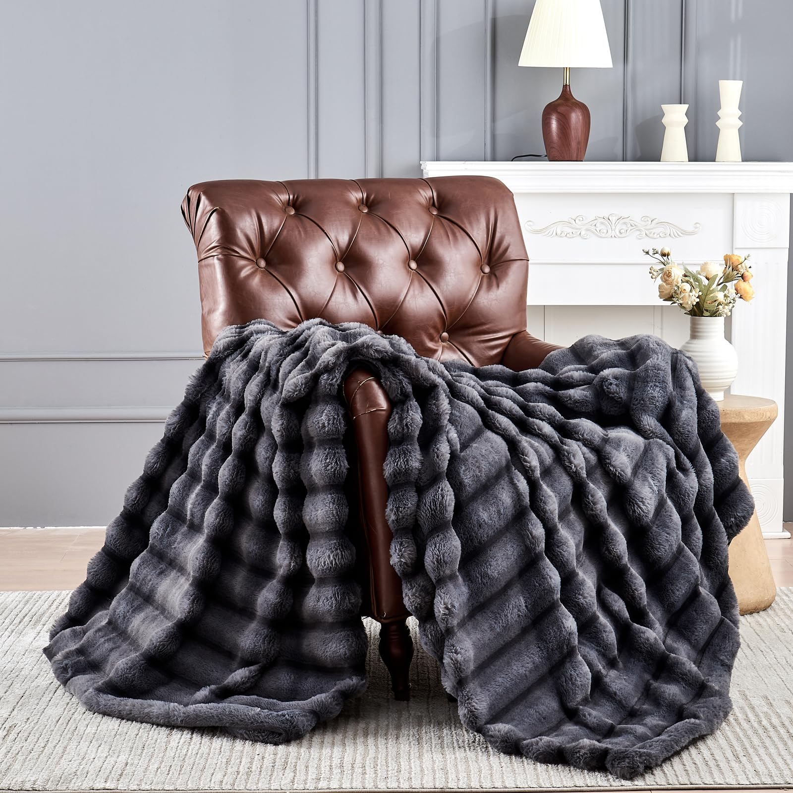 Reversible Faux Fur Blanket — Gray, Twin, 60 × 80 Inch