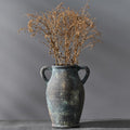 Vaseking Large Ceramic Rustic Vase with 2 Handles 9.8 inch Farmhouse Flower Vase Distressed Vase for Home Decor Living Room Shelf Decor Pampas Grass Enterway Table Decoration Black Green
