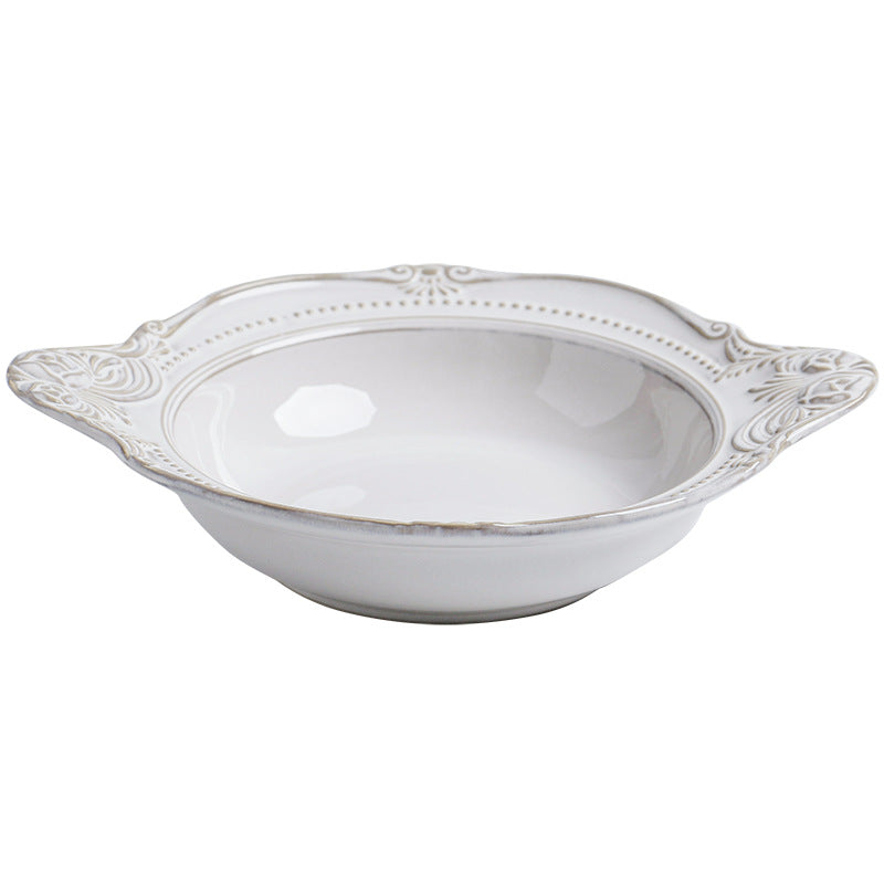 Relief Ceramic Tableware Rice Bowl and Plate Set