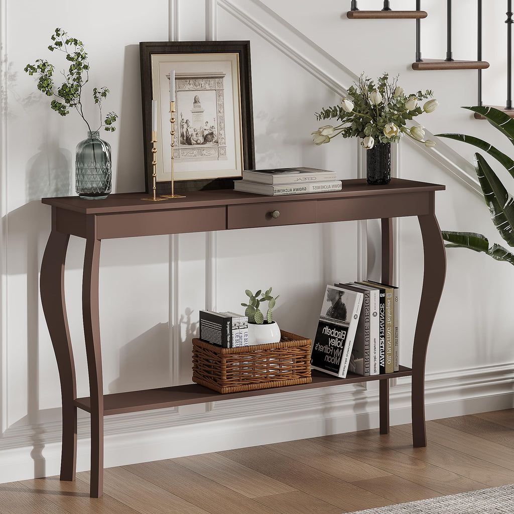 ChooChoo 47 Inch Narrow Console Table with Drawer Chic Accent Sofa Entryway Table with Shelves for Entryway Living Room Hallway Espresso