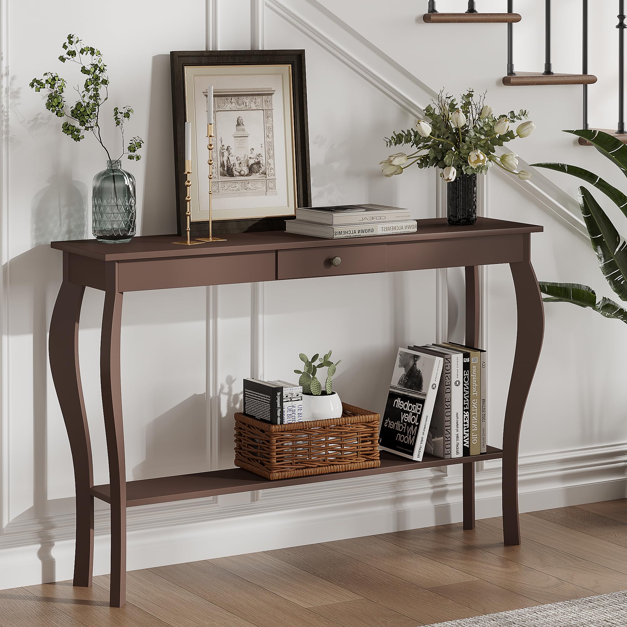 ChooChoo 47 Inch Narrow Console Table with Drawer Chic Accent Sofa Entryway Table with Shelves for Entryway Living Room Hallway Espresso
