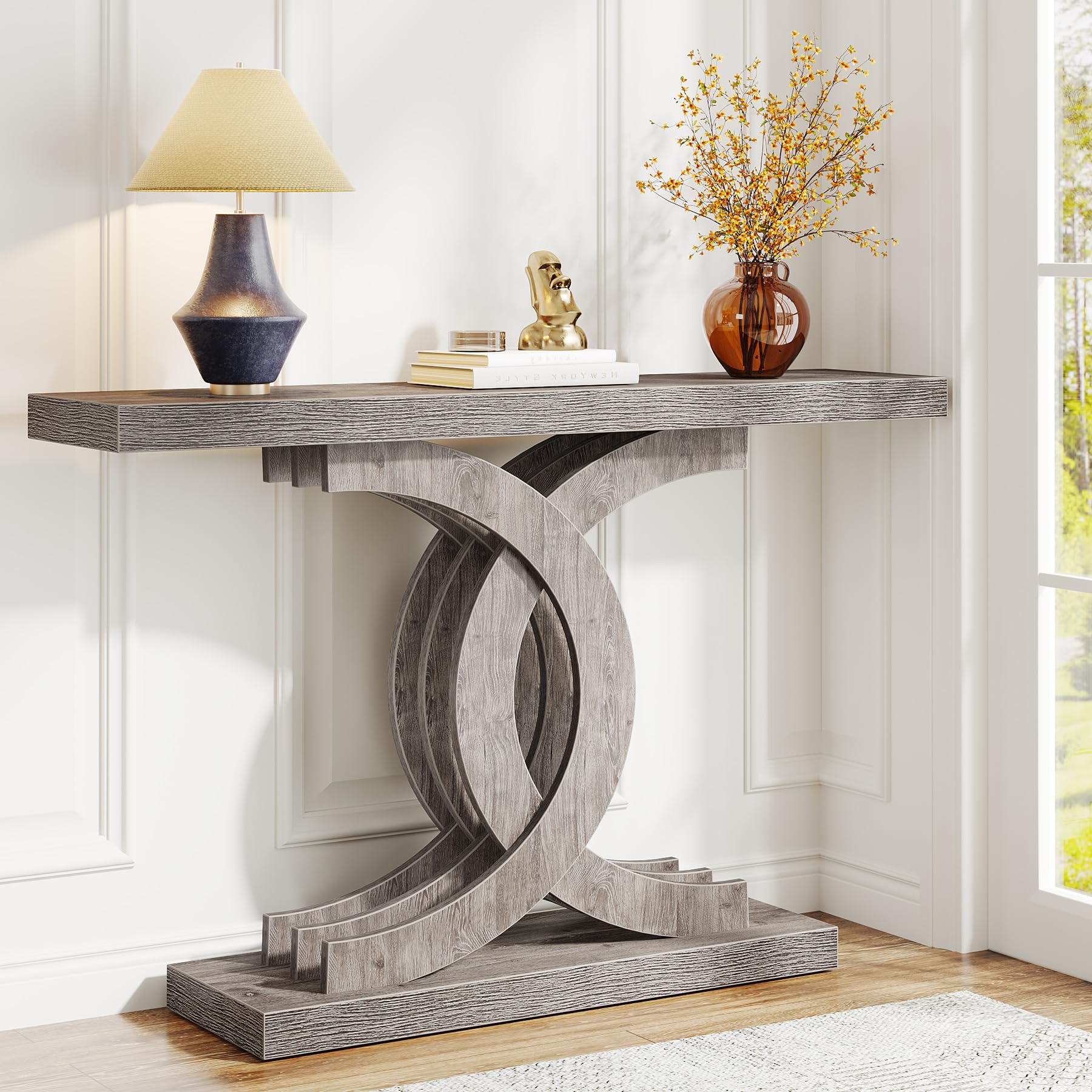 Tribesigns Console Tables Modern Farmhouse 39-inch Entryway Table with Geometric Base Wooden & Metal Hallway Table/Narrow Sofa/Accent Table for Entrance Living Room (Grey)