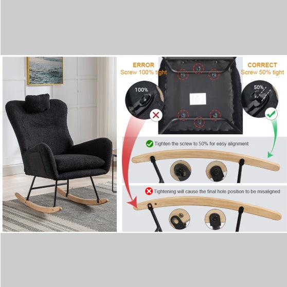 Rocking Chair With Pockets, Soft Teddy Fabric Rocking Chair For The Baby's Room, Comfortable Wingback Gliding Rocking Chair