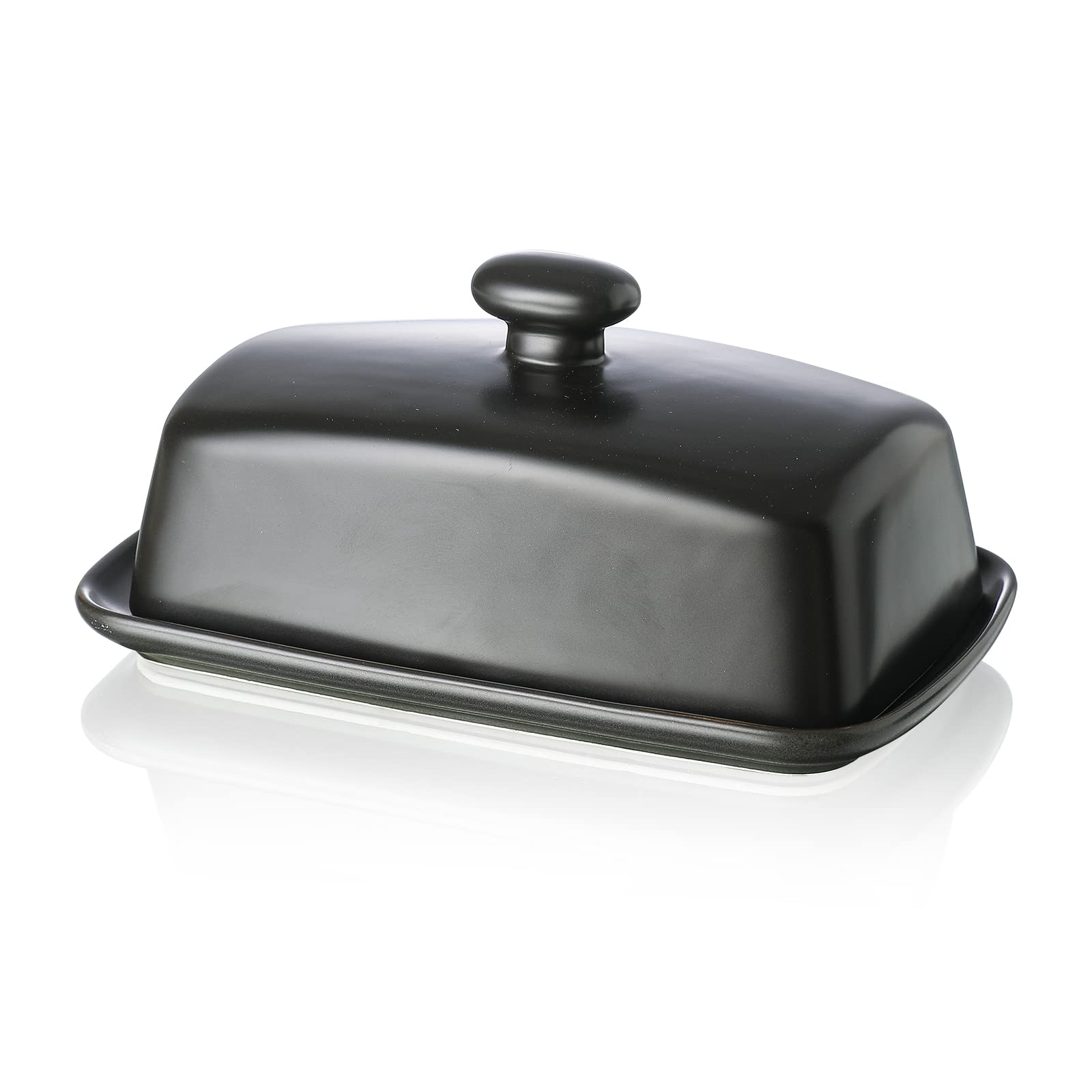 Large Porcelain Butter Dish with Lid, Matte Black