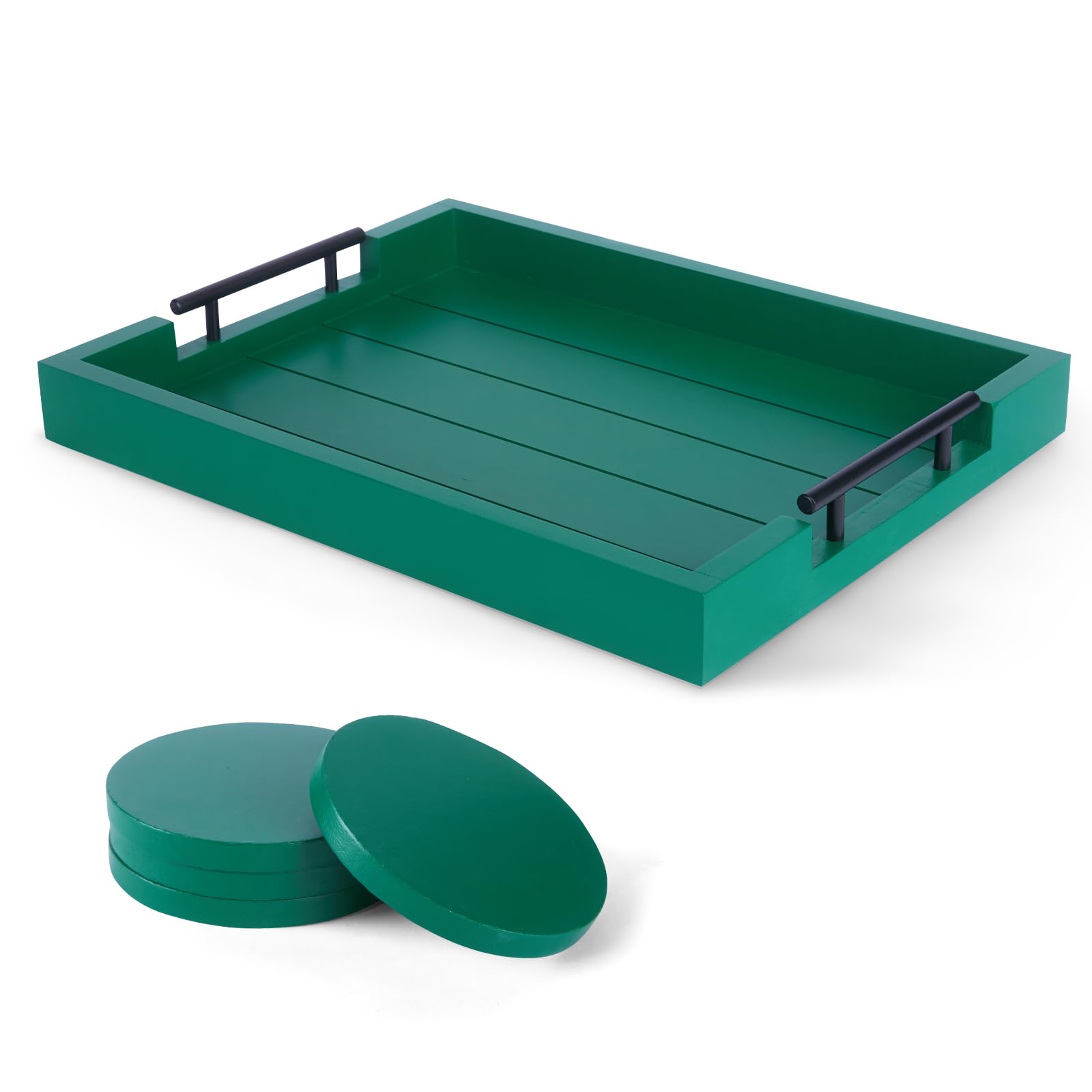 Wood Ottoman Serving Tray with Handles & 4 Coasters, 17 x 13 Inch