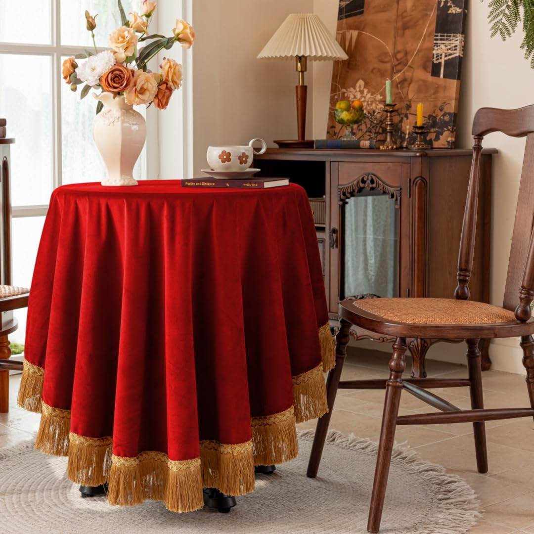 F-CHU Red Tablecloth Thickset Velvet Tablecloth with Beautiful Gold Tassels Vintage Table Cloth for Home Decor Wedding Party Banquet and Events 60" Round
