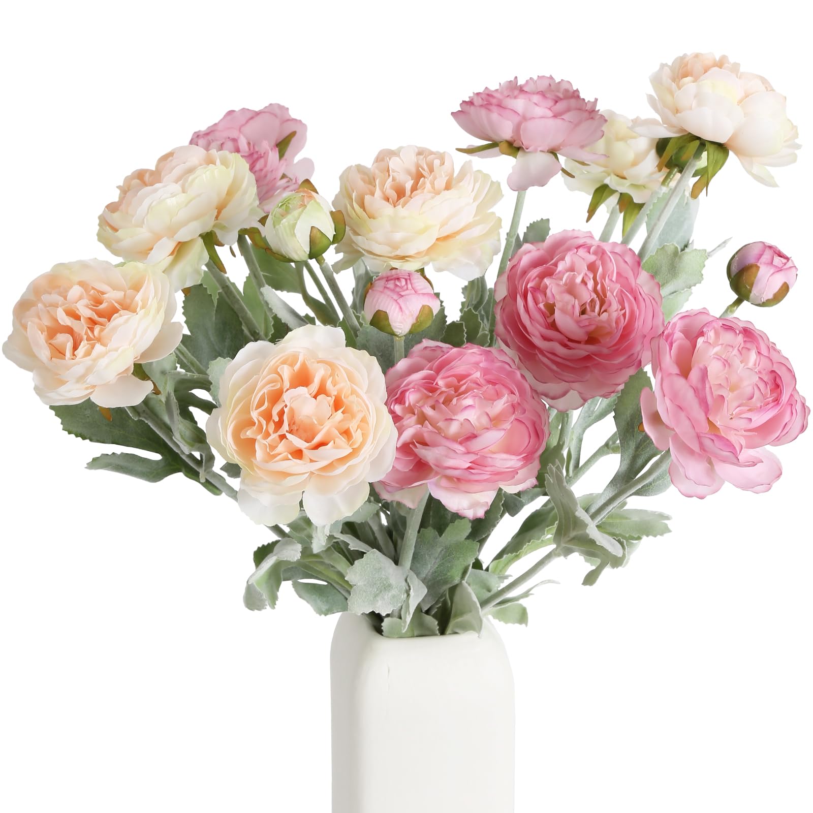 Artificial Peony & Ranunculus Silk Flowers, Champagne & Pink, Set of 6
