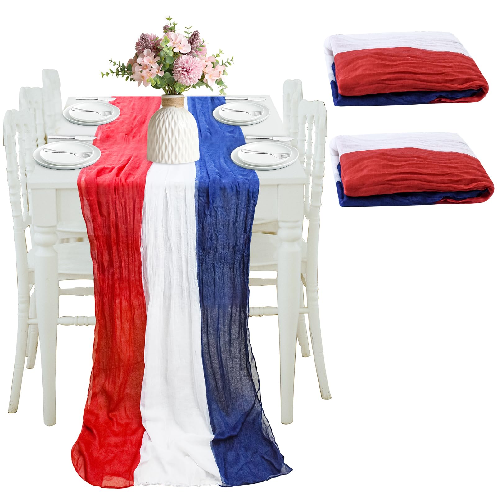 4th of July Cheesecloth Table Runner, Vintage Red White & Blue, Set of 2