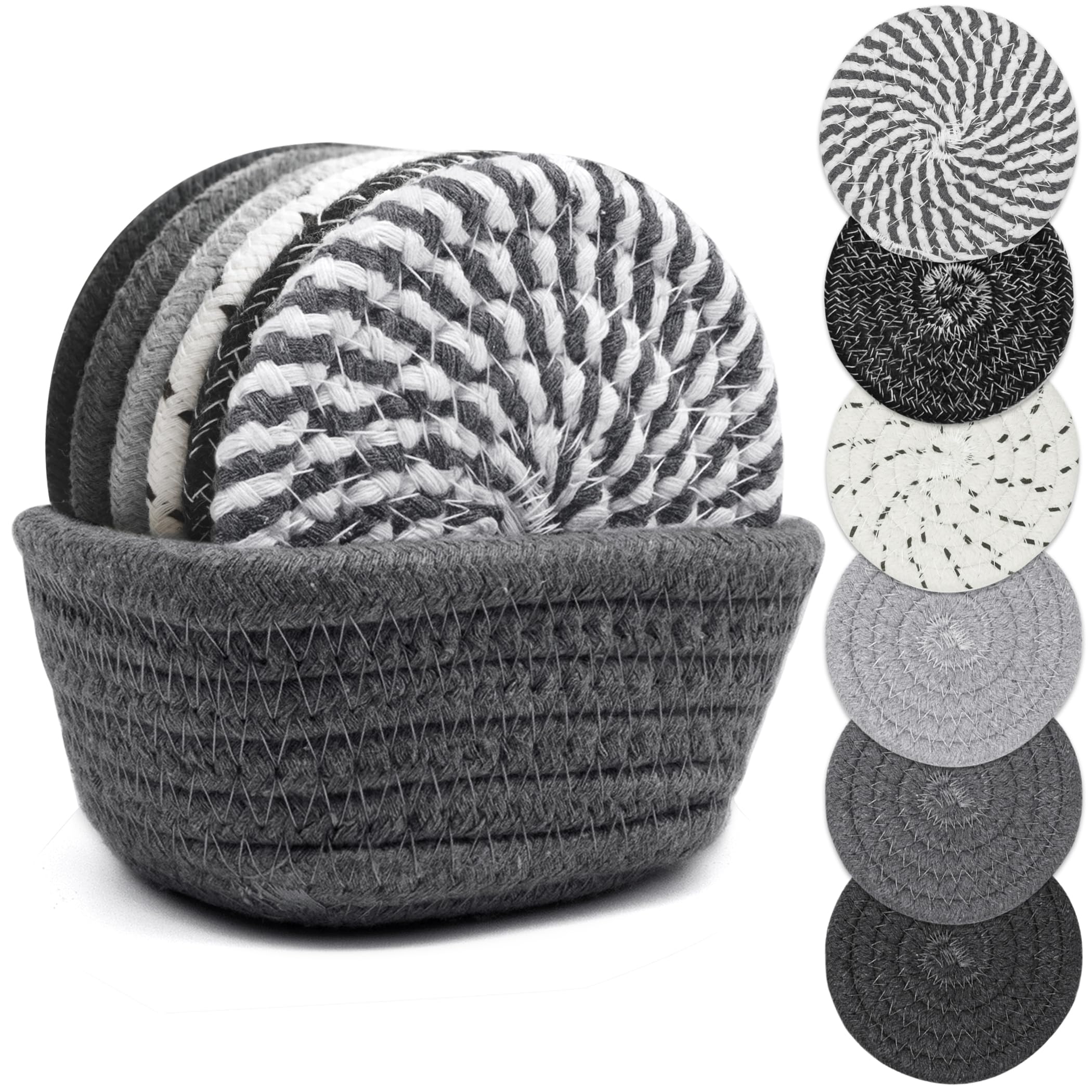 Thick Woven Drink Coasters with Holder – Absorbent Cotton Cup Coasters for Tabletop Protection, Set of 6