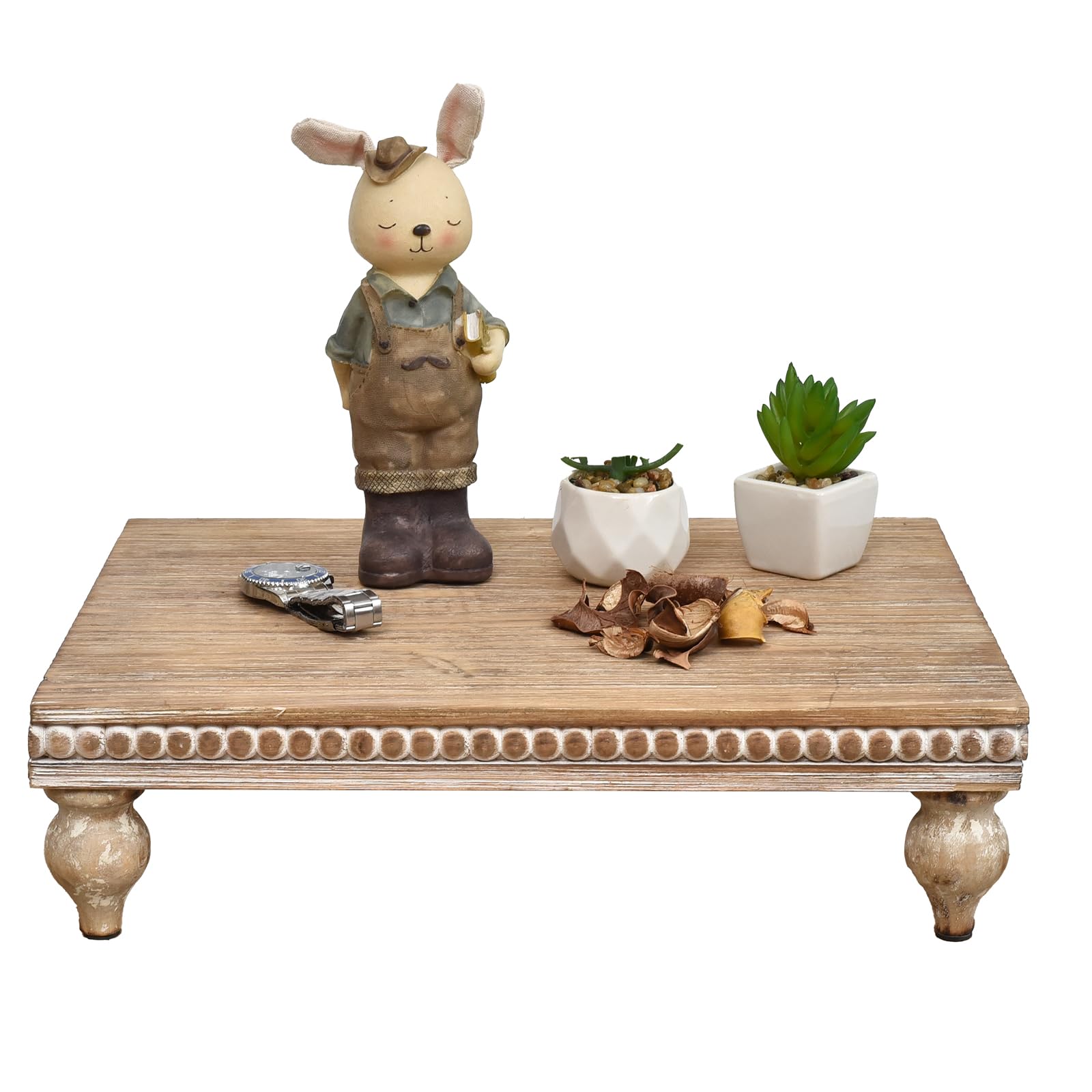 SwallowLiving Farmhouse Wood Riser for Display Decorative Rustic Shabby Chic Tray for Kitchen Counter Coffee Bar Table Dining Room Wooden Rectangle Beaded Pedestal Stand for Food