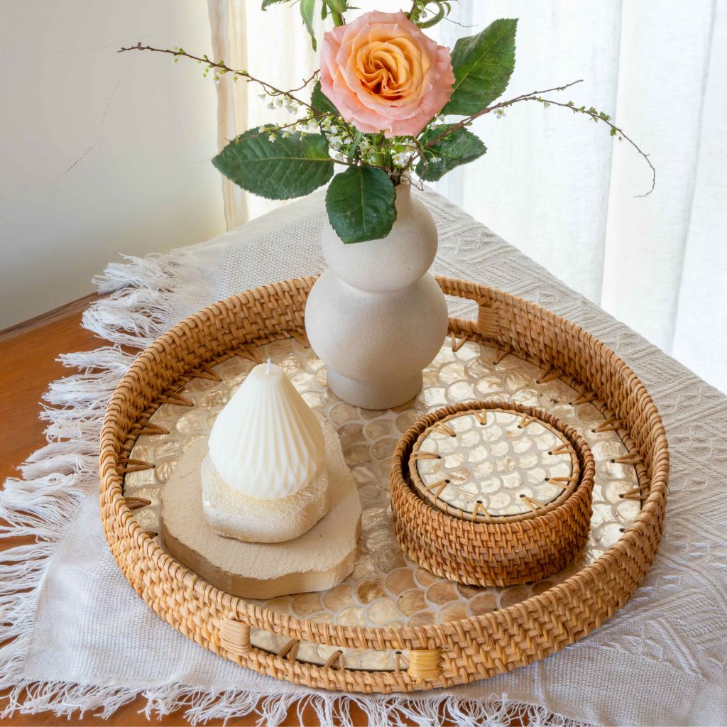 Handmade Natural Rattan & Mother of Pearl Coaster Set (6 Piece + Holder) • Cascade Light-1