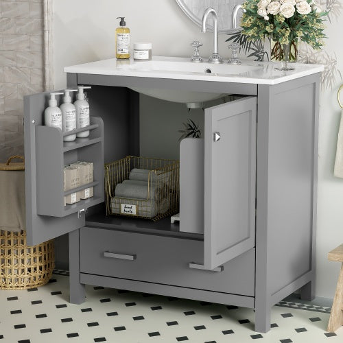 30 Inch Gray Bathroom Vanity with Single Sink, Storage Cabinet & Drawer