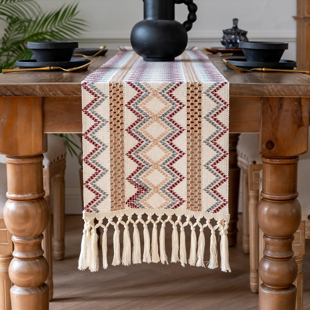 Boho Macrame-Style Table Runner with Tassels, 12 x 72 Inch