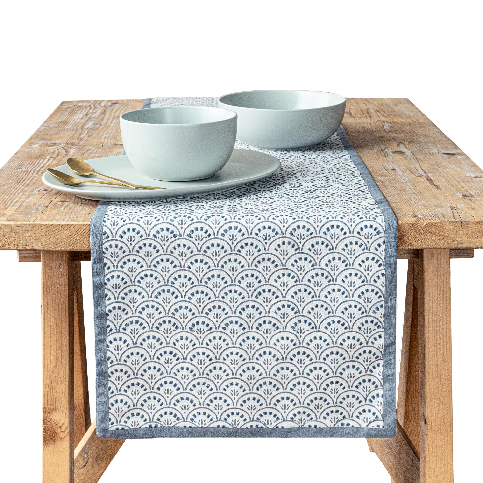 over&back Hand-Blocked Printed Cotton Table Runner, 18x90, Blue Arch