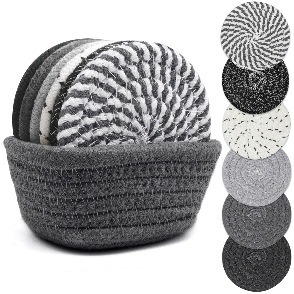 Thick Woven Drink Coasters with Holder – Absorbent Cotton Cup Coasters for Tabletop Protection, Set of 6