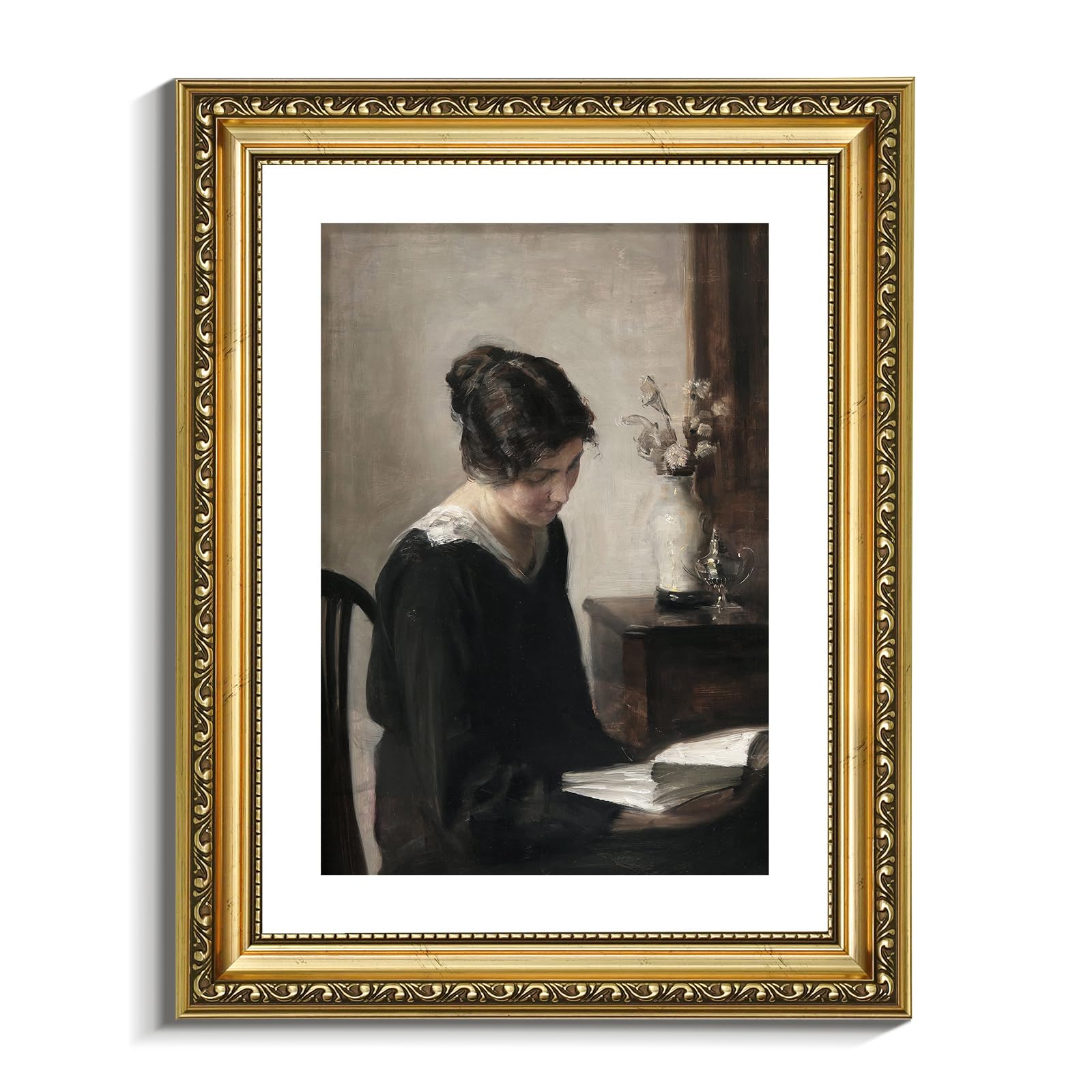 VIYYIEA Gold Framed Portrait Wall Art Decor Living Room Bedroom Woman Reading Pictures Classical Wall Decor Antique Picture Frame Canvas Prints Artwork Vintage Retro Paintings11x14 Inch