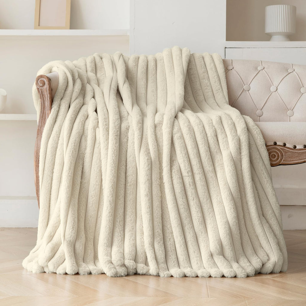 Striped Faux Fur Throw Blanket — Beige, 60 × 80 Inch