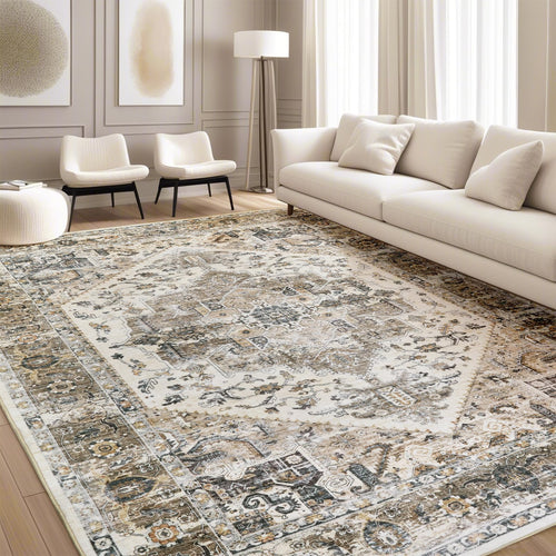 AUKOW Area Rug Washable Living Room - 9x12 Vintage Traditional Boho Carpet for Bedroom Dining Room Machine Wash Non Slip Soft Large Rug Bohemian for Farmhouse Office College Dorm Indoor Floor(Brown)