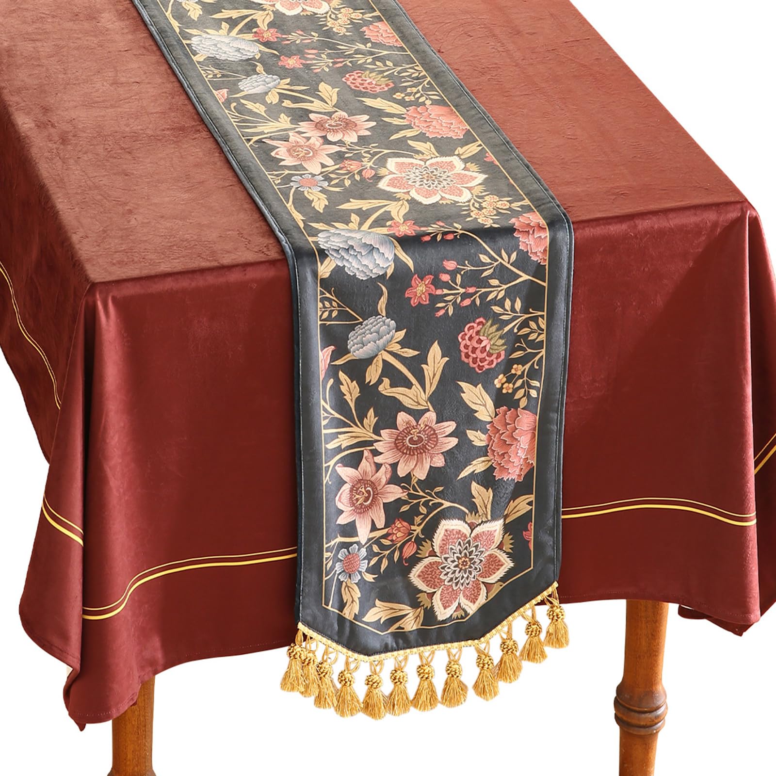 patdrea Designer Vintage Black Floral Extra Long Velvet Table Runner 118 Inch LongPink Khaki Bouquets Pattern Table MatDecor for Kitchen Dining Coffee Table Cabinet Banquet Thanksgiving16"*118"