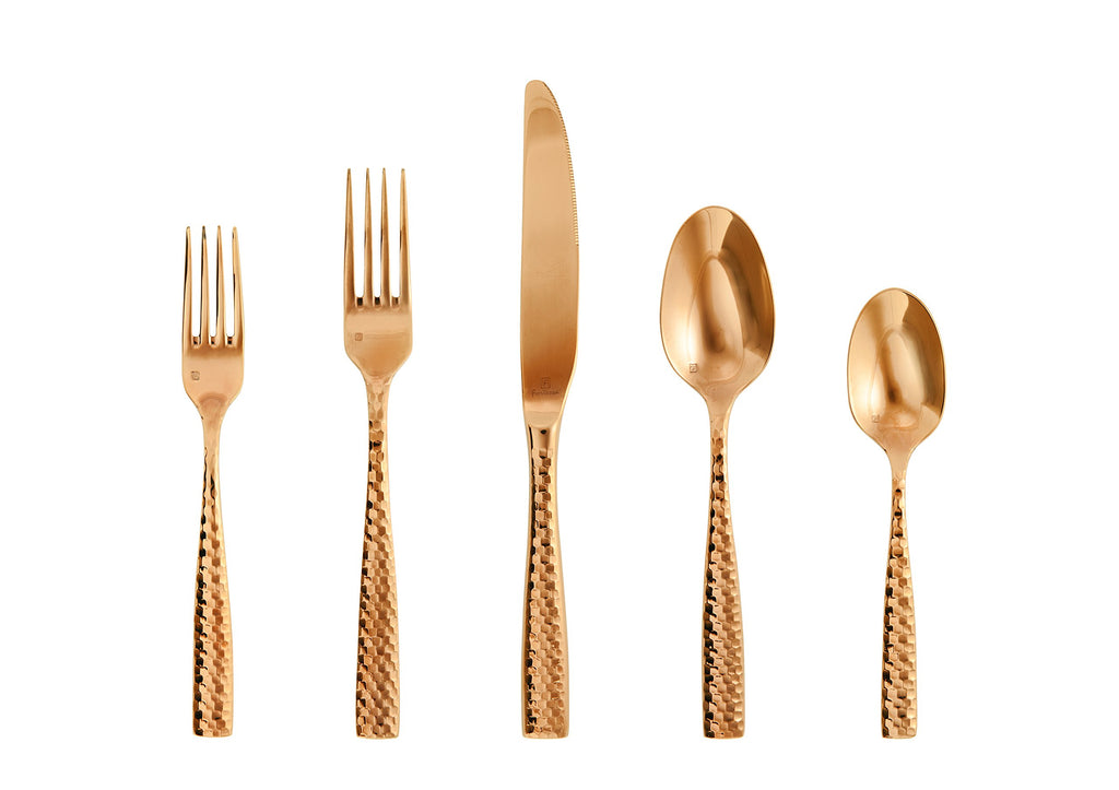 Fortessa Lucca Faceted Flatware — 5 Piece Place Setting, Rose Gold