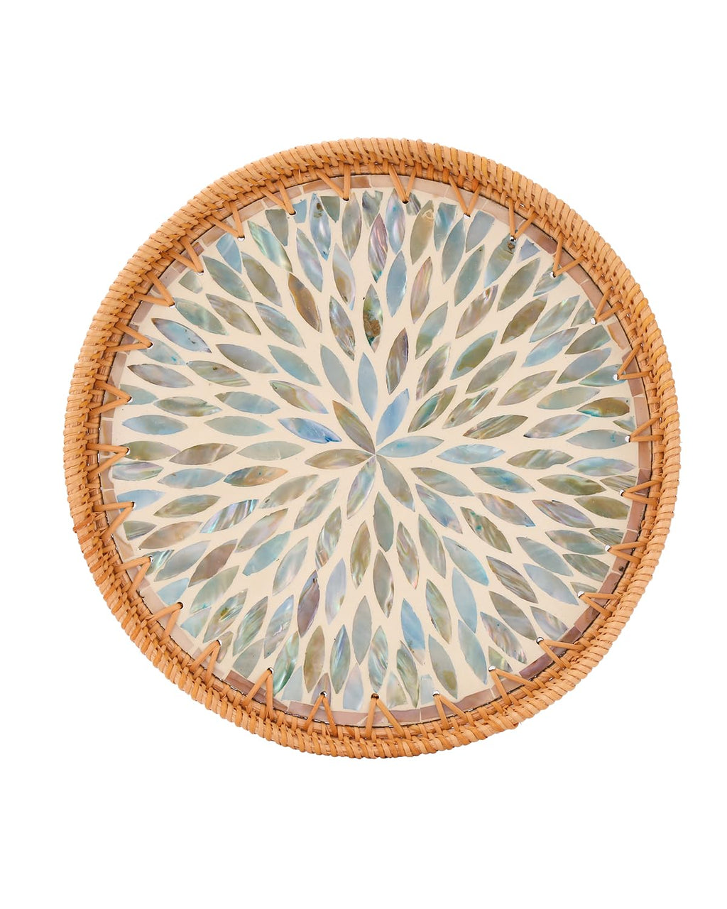 Rattan Serving Tray with Mother of Pearl Inlay for Home Decor and Coffee Table Decor Wicker and Woven Tray Round Decorative Serving Tray
