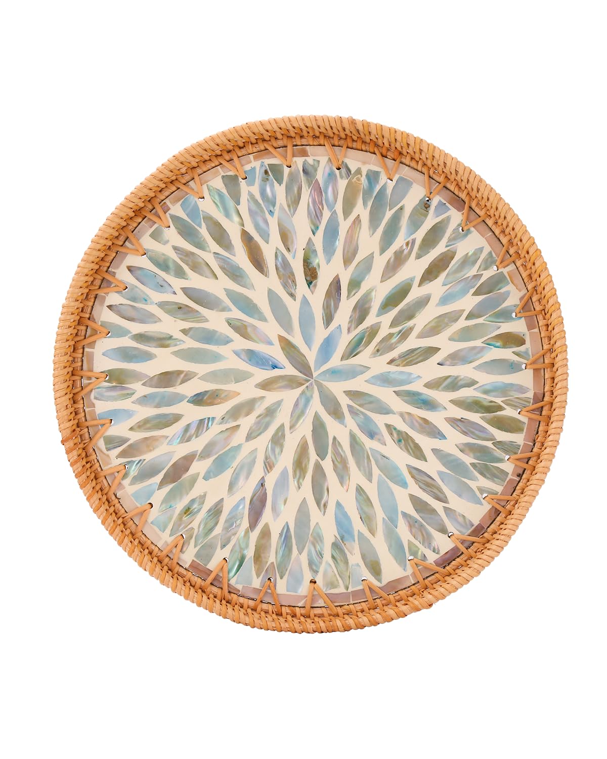 Rattan Serving Tray with Mother of Pearl Inlay for Home Decor and Coffee Table Decor Wicker and Woven Tray Round Decorative Serving Tray