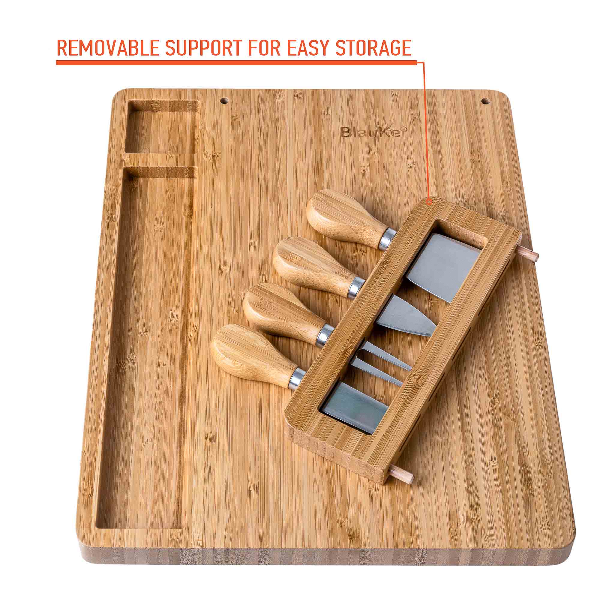 Bamboo Cheese Board and Knife Set, 14x11 Inch, with 4 Cheese Knives