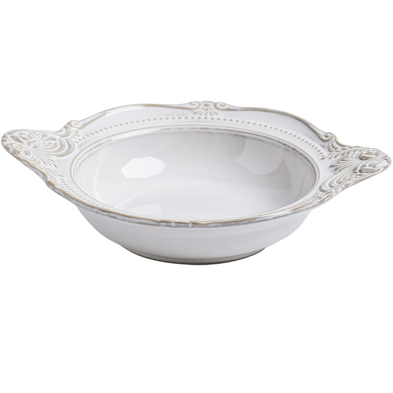 Relief Ceramic Tableware Rice Bowl and Plate Set