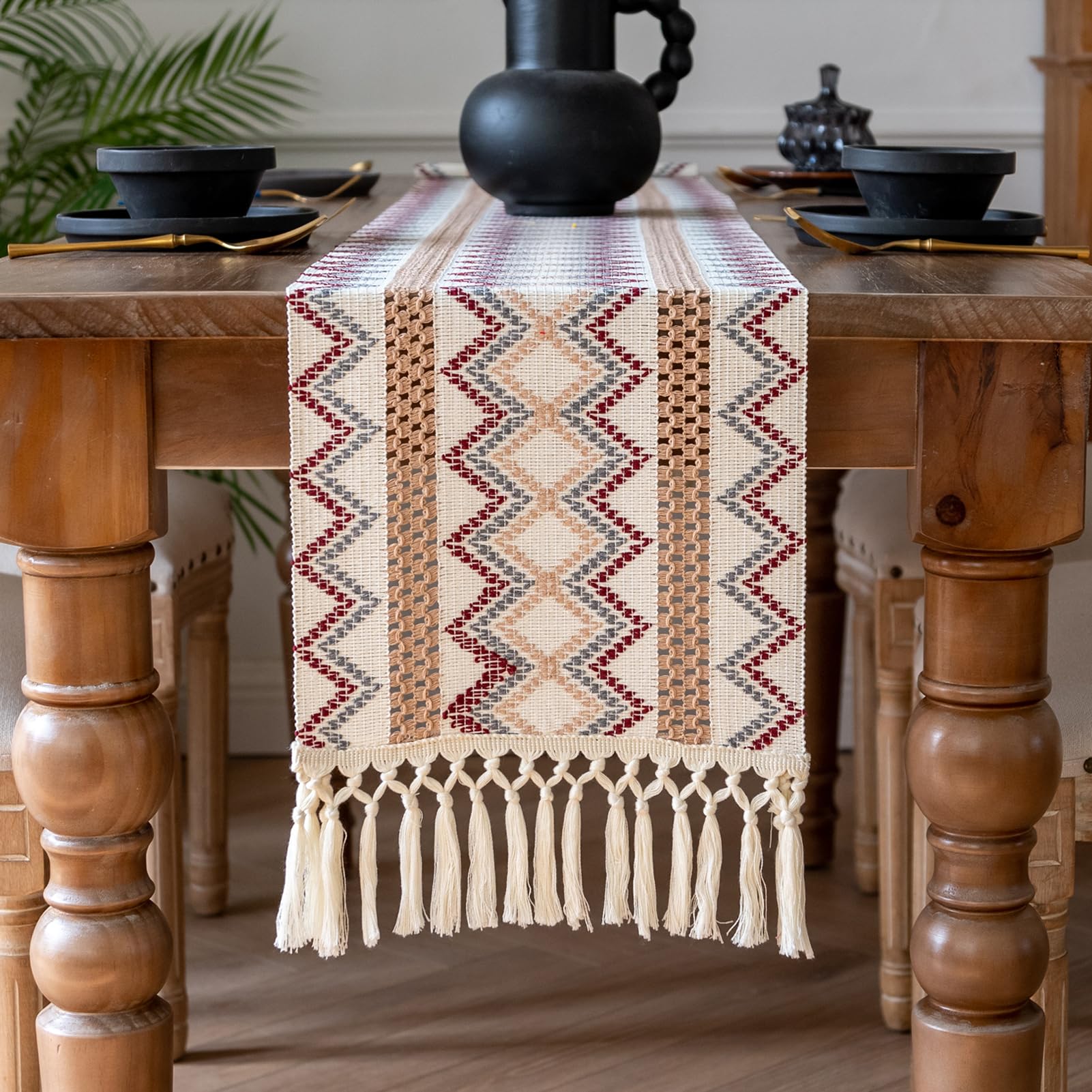 Boho Macrame-Style Table Runner with Tassels, 12 x 72 Inch