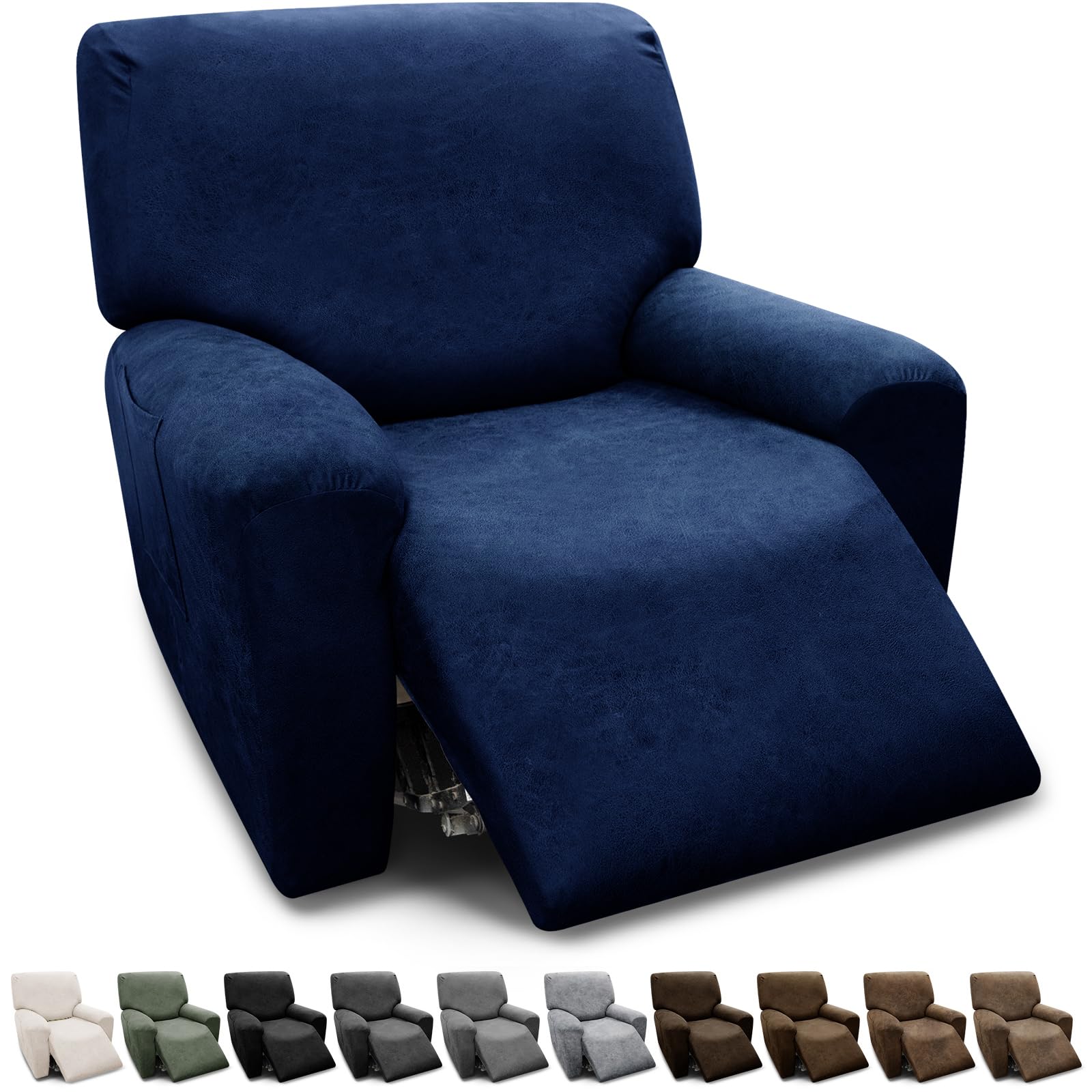 Pfrstuv Chair Covers 4-Pieces Recliner Chair Covers 1 Seater Cover for Recliner Chair Leather Look Recliner Slipcovers with Pockets Spandex Fabric Furniture Covers(XL Recliner Navy)