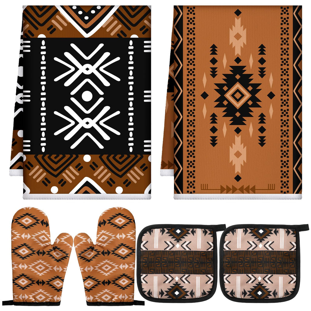 6-Piece Farmhouse Kitchen Set – Pot Holders, Oven Mitts & Dish Towels, Geometric Brown