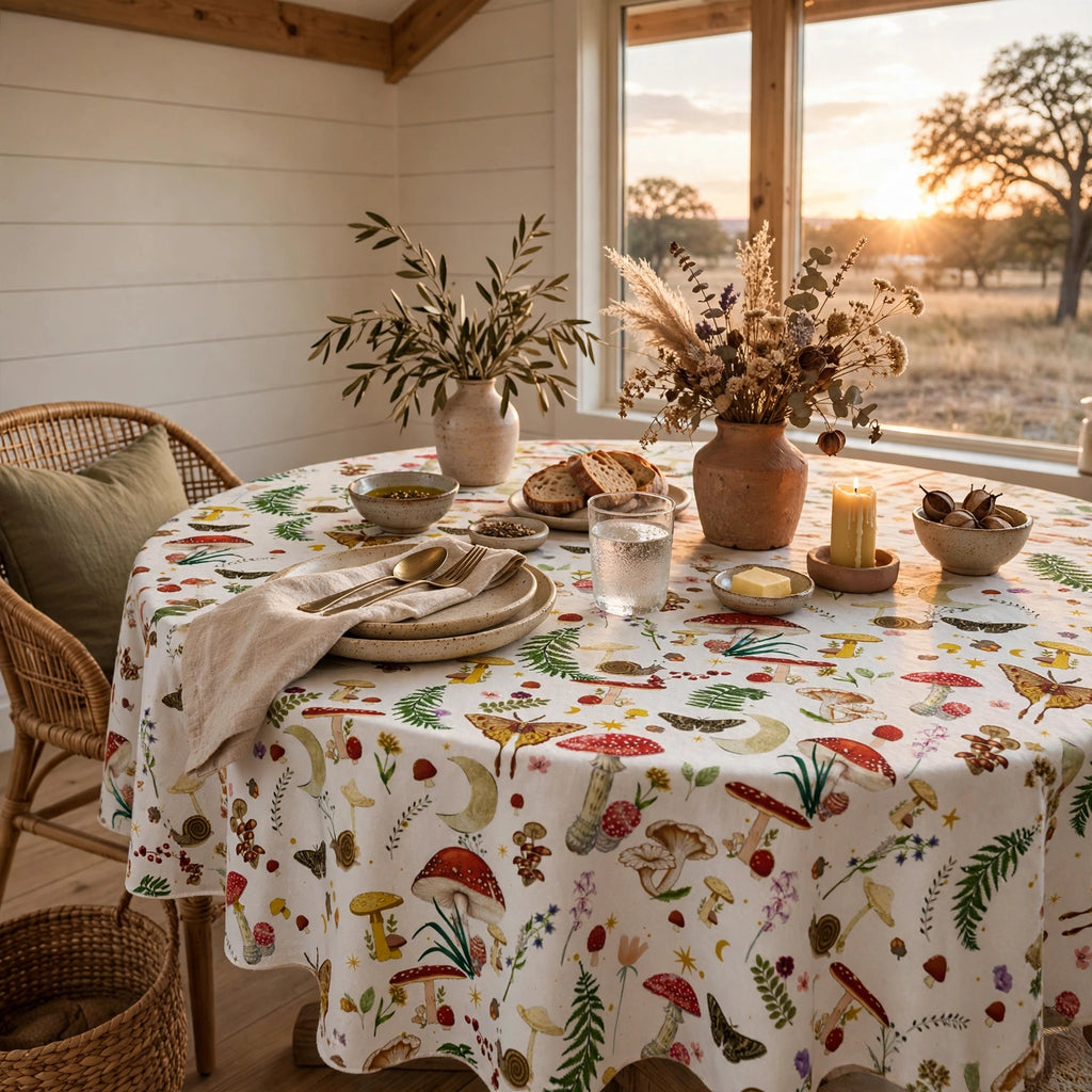 Vintage Mushroom Round Tablecloth — 60 × 60 in