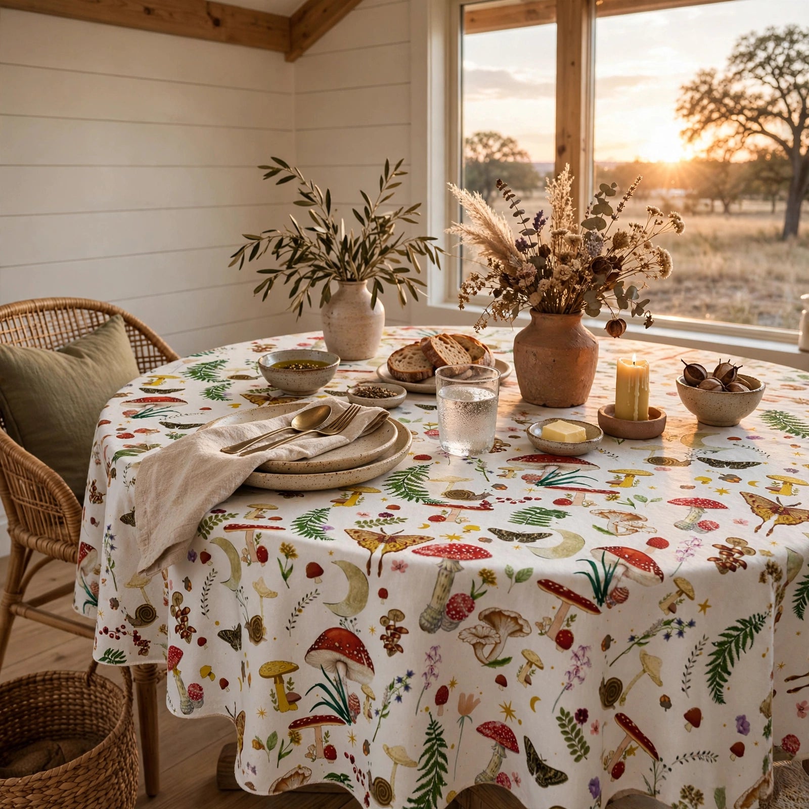 Vintage Mushroom Round Tablecloth — 60 × 60 in