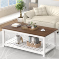 Farmhouse Coffee Table with Storage Shelf, 40 Inch, White & Walnut