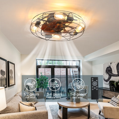 Cage Ceiling Fan with Light, 20 Inch Farmhouse Low Profile, Remote Control