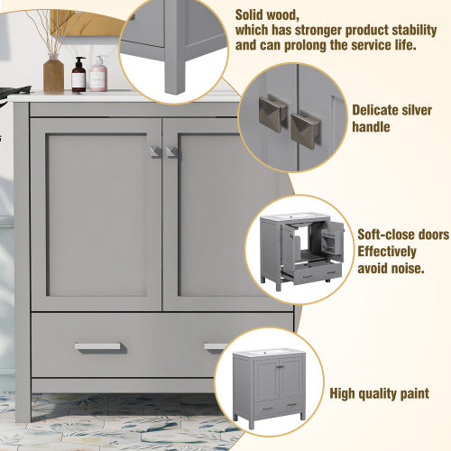 30 Inch Gray Bathroom Vanity with Single Sink, Storage Cabinet & Drawer