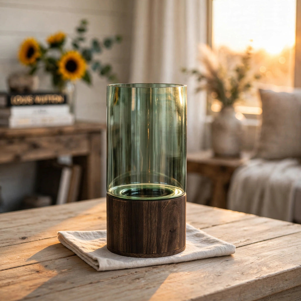 Modern Glass Hydroponic Vase with Wooden Stand – Minimalist Tabletop Flower Arrangement