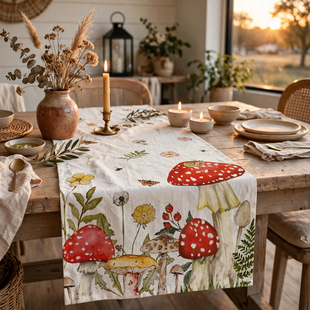 Mushroom & Wildflower Table Runner — 13 × 90 in