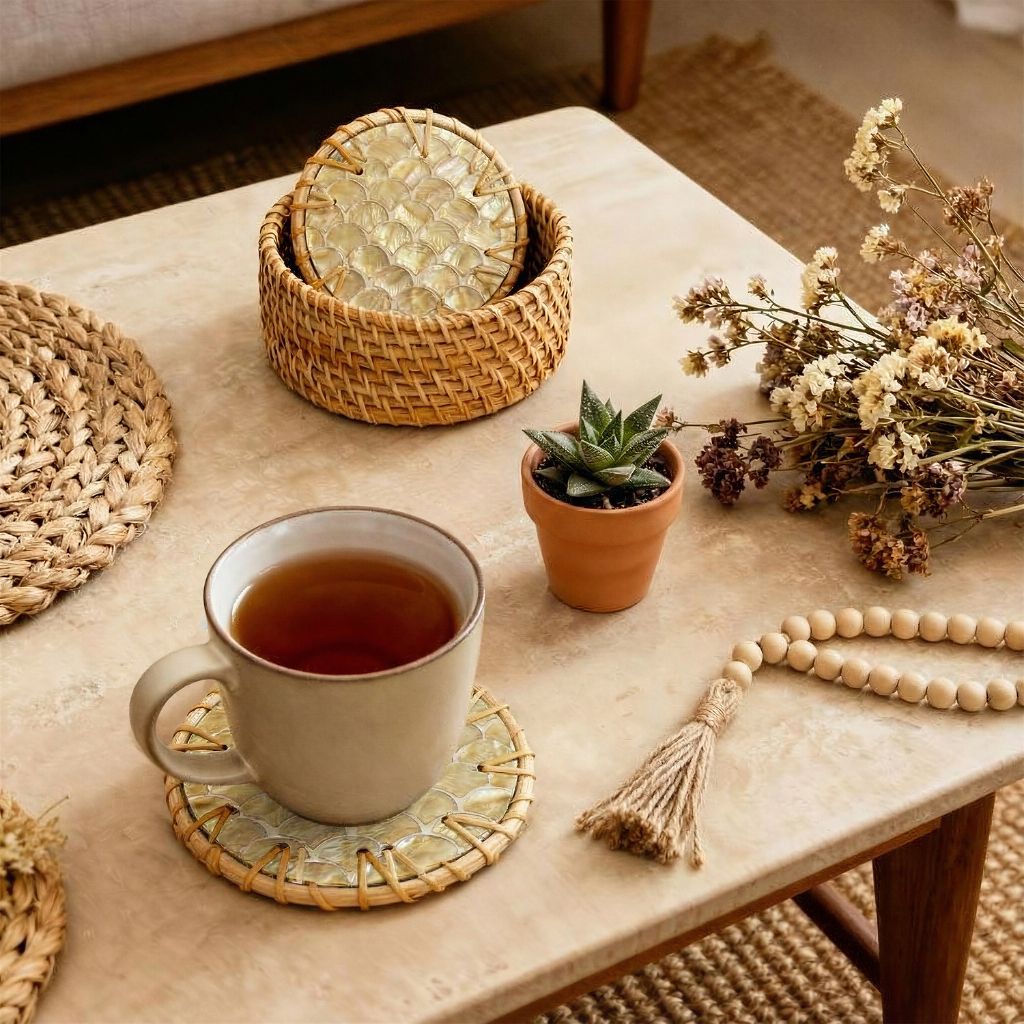 Handmade Natural Rattan & Mother of Pearl Coaster Set (6 Piece + Holder) • Cascade Light-3