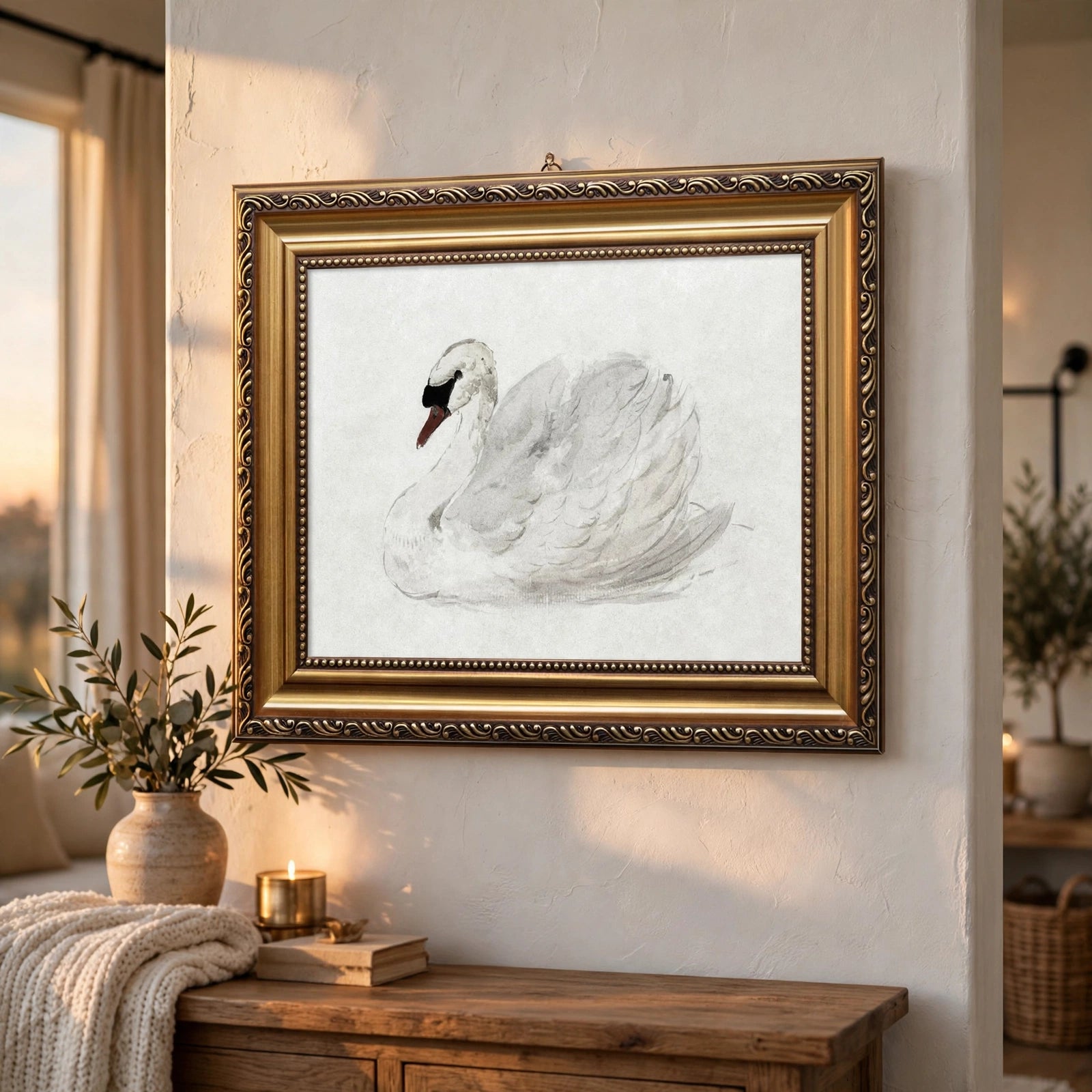 Vintage Swan Wall Art — Gold Frame, 9 × 12 in
